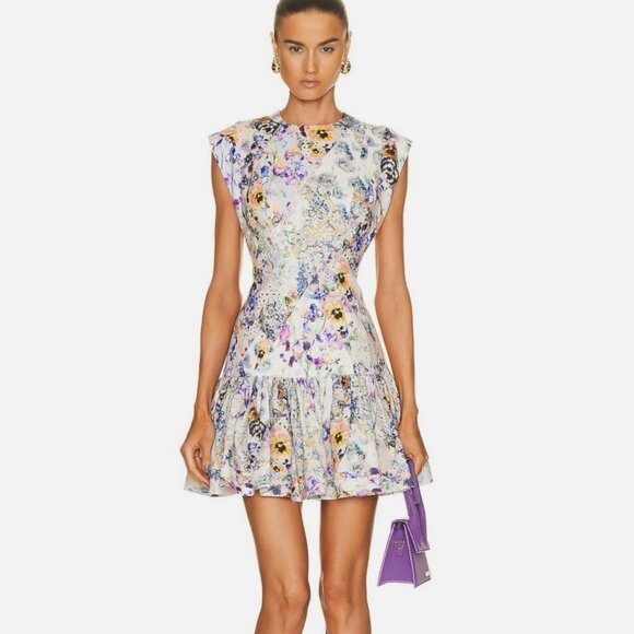 Zimmermann NWOT Dancer Flounce Linen Short Floral Mini Dress Women size 1 (US 6)